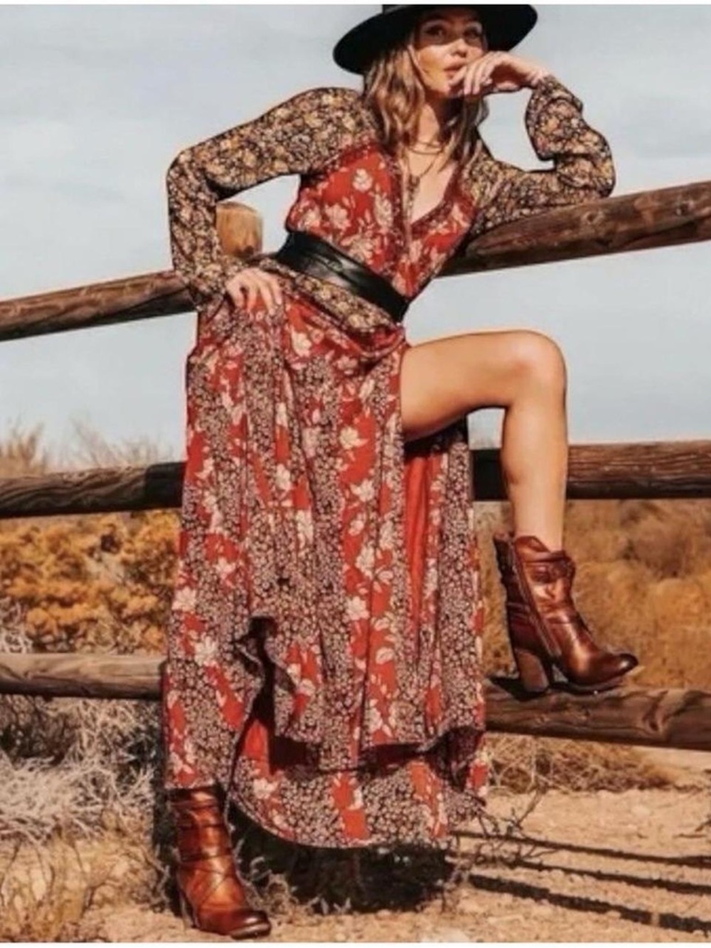 Free People Tilda Wrap Dress Bohemian Red Floral Maxi Dress with Patchwork Print